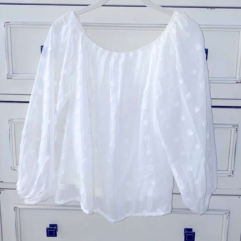White “Pom,” Off The Shoulder Top